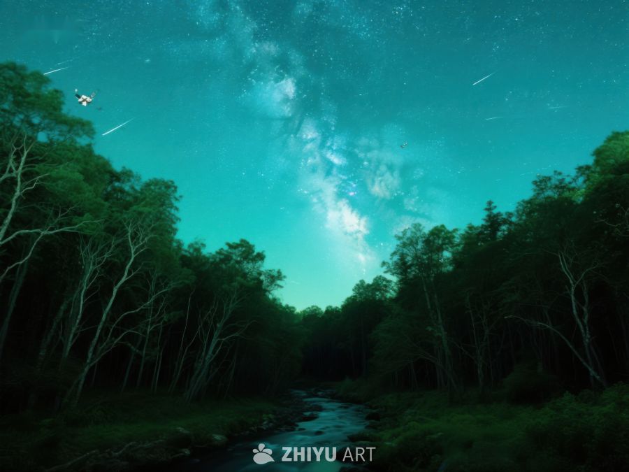 夜空银河下的森林溪流 372