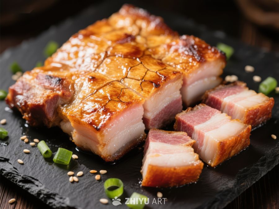 烤五花肉切片，色泽诱人
