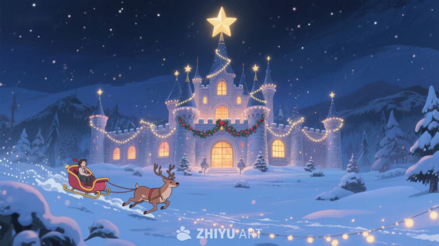 冬夜城堡与驯鹿雪橇 38