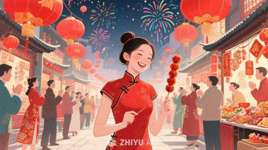 热闹春节夜市，女子手持糖葫芦 782
