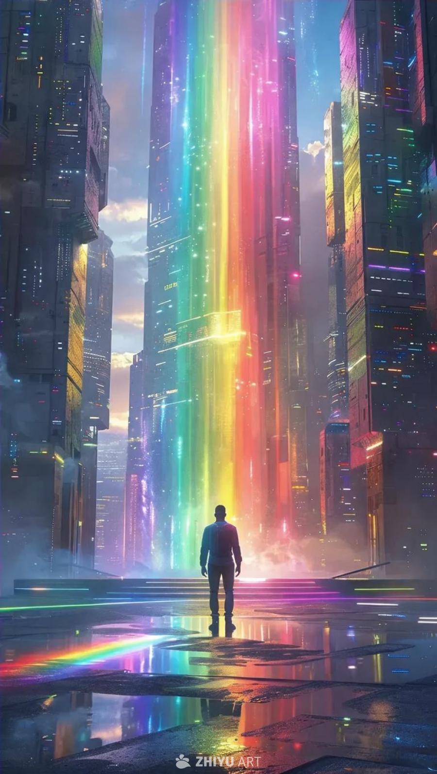 画面中一个人站在一个城市环境中，面对着一道彩虹。彩