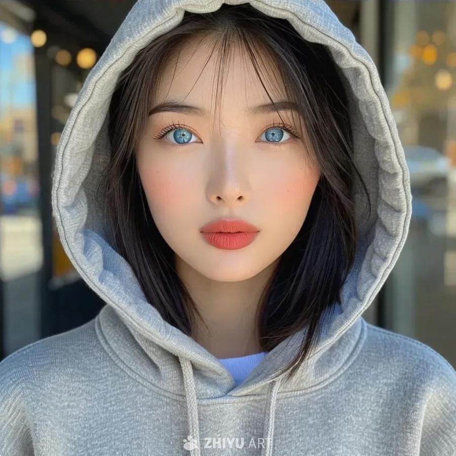 一位亚洲女性，有着蓝色的眼睛和乌黑的直发，她穿着一