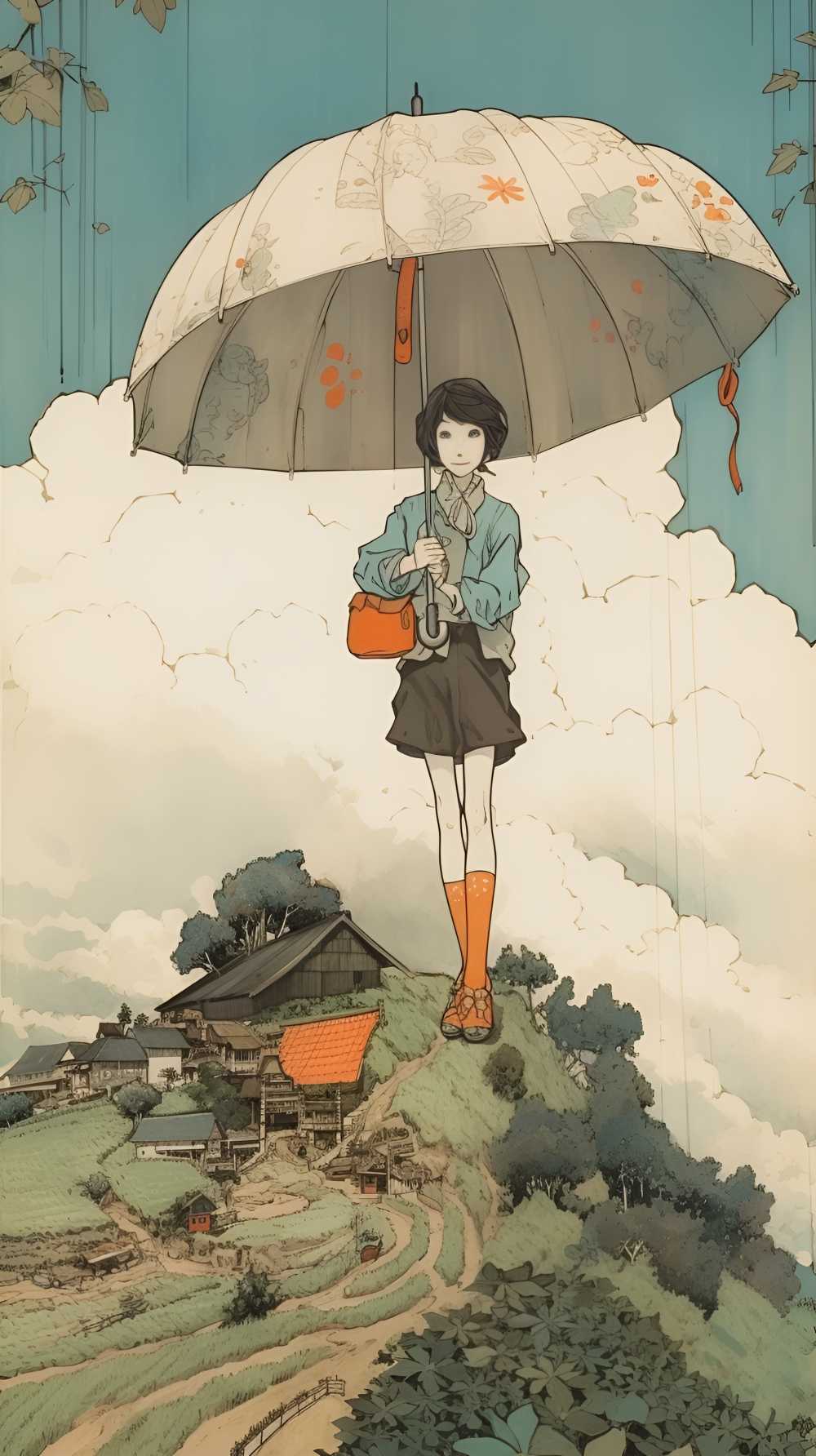 拿着伞的动画片女孩