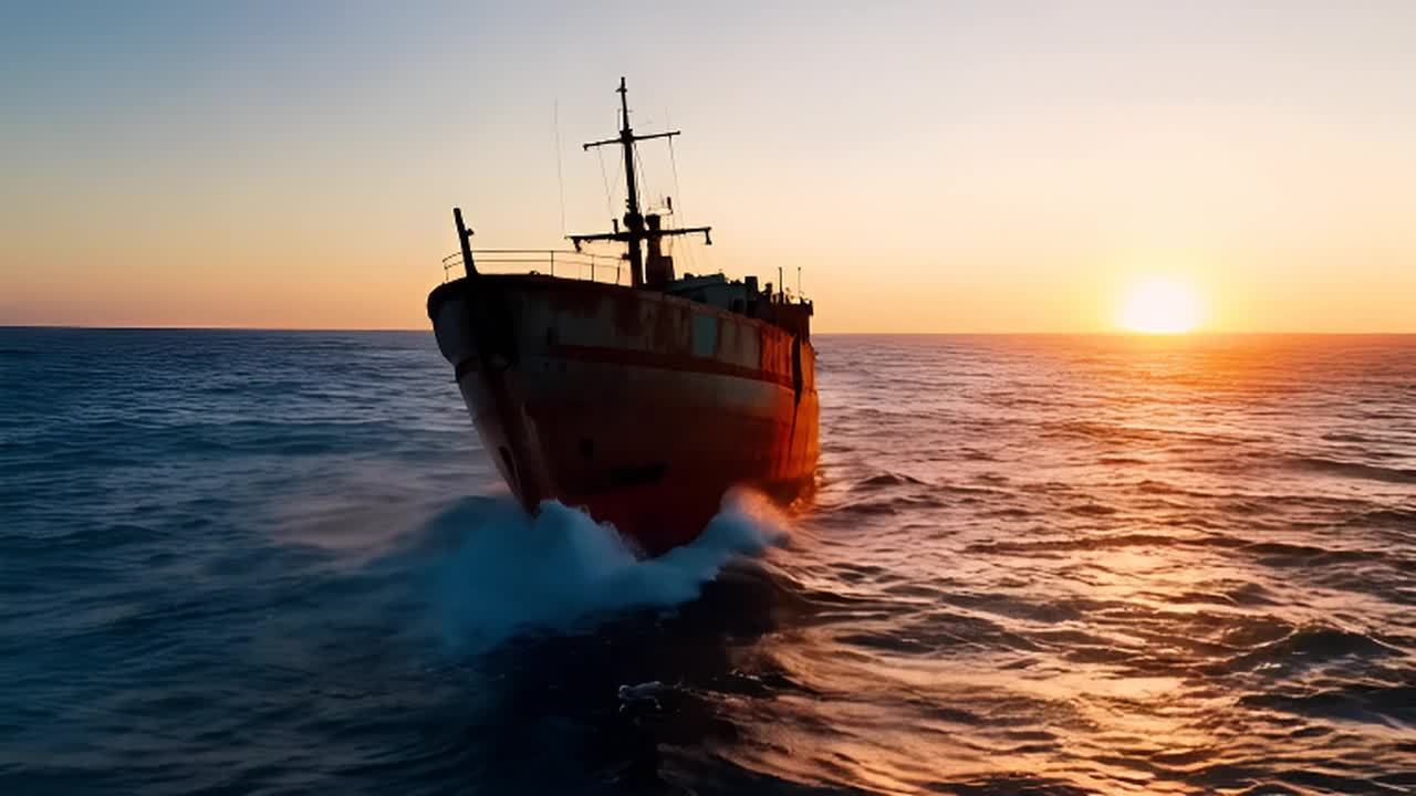 一艘废弃的船只静静地漂浮在海面上，船体因长期暴露而