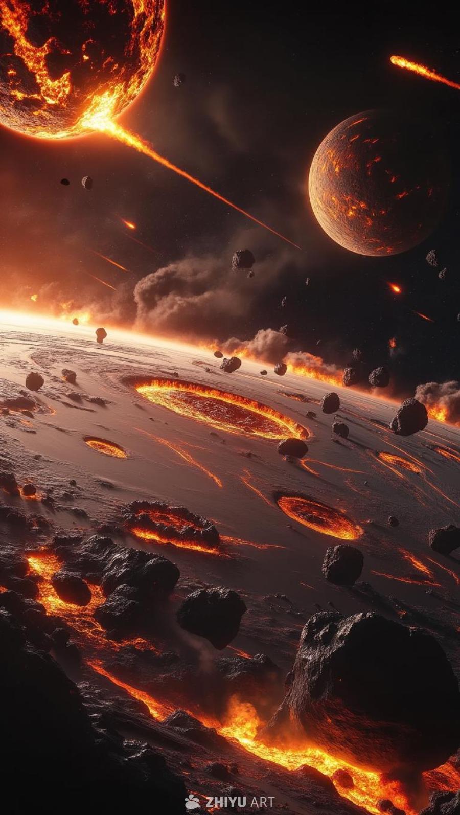 一个广阔、充满火焰的区域，熔融的星球物体发生碰撞，