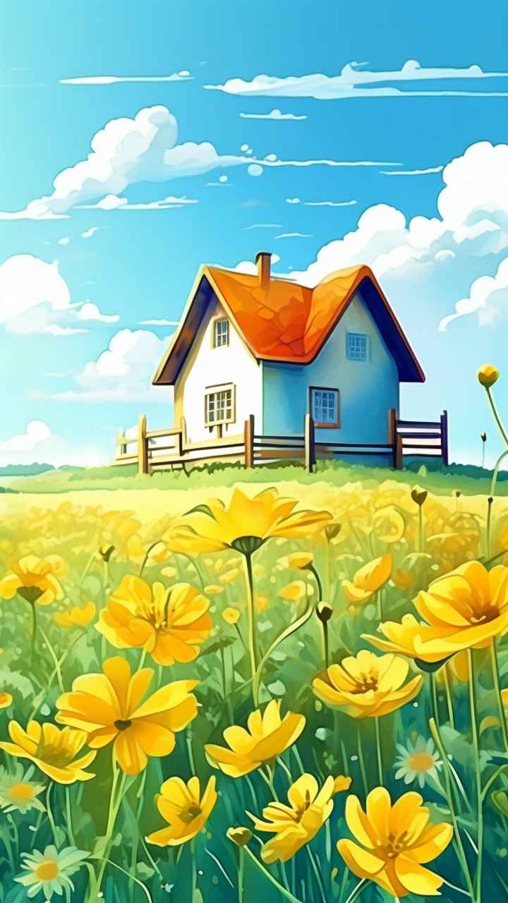 绿色田野里有黄色花朵的房子的水彩插图 26