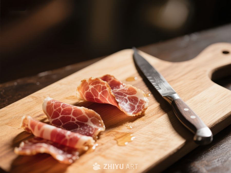 木板上的火腿片与刀具 715