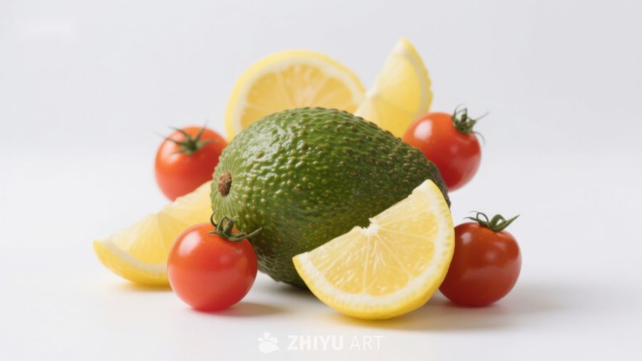 新鲜水果组合：牛油果、柠檬与樱桃番茄