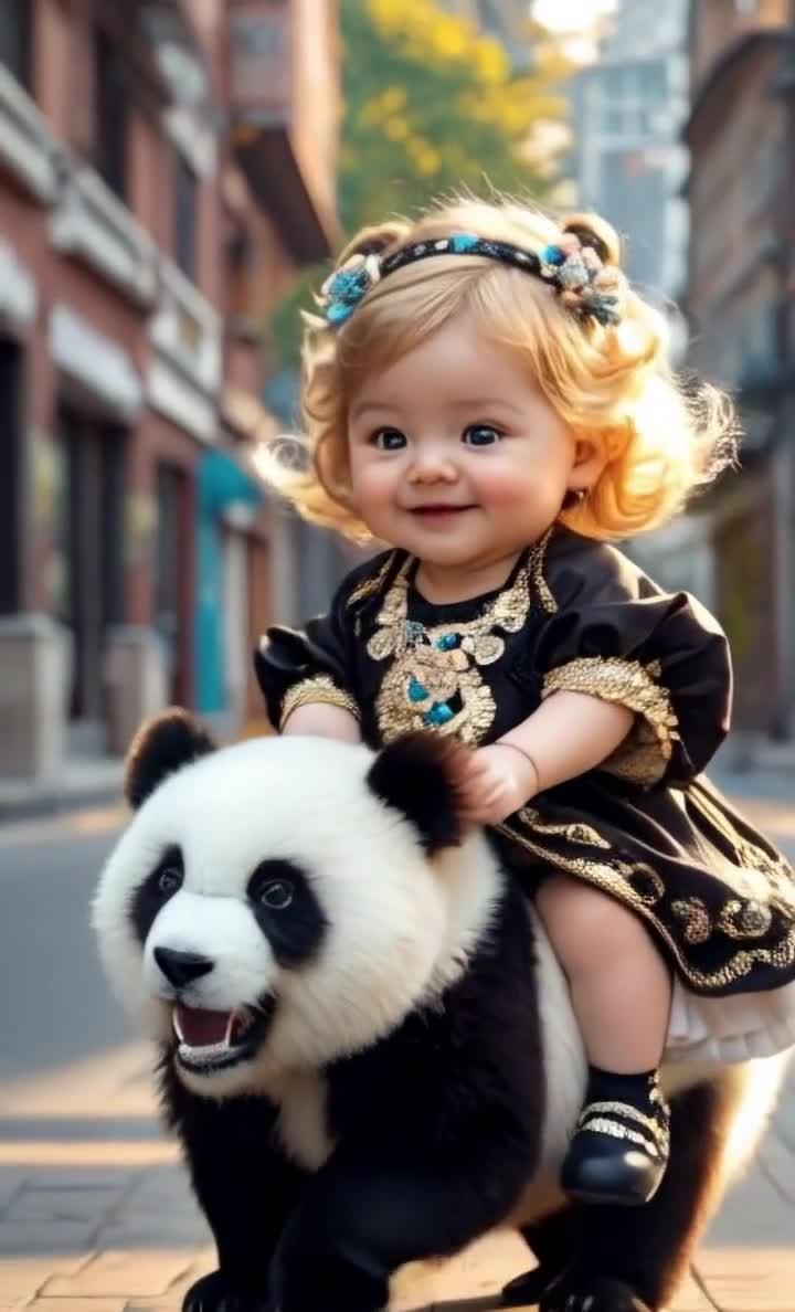 可爱金发碧眼小女孩骑熊猫街头漫步
