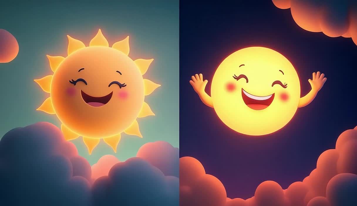 画面分割成两部分，左边是卡通太阳，右边是卡通月亮，