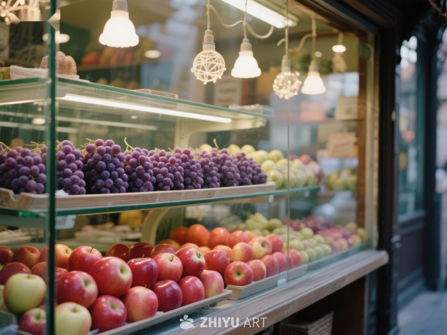 水果店橱窗展示新鲜葡萄和苹果 500