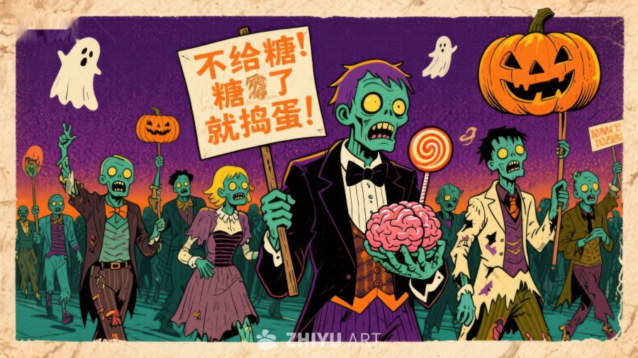 万圣节僵尸游行，手持糖果标语