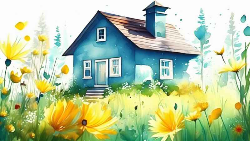 绿色田野里有黄色花朵的房子的水彩插图 66