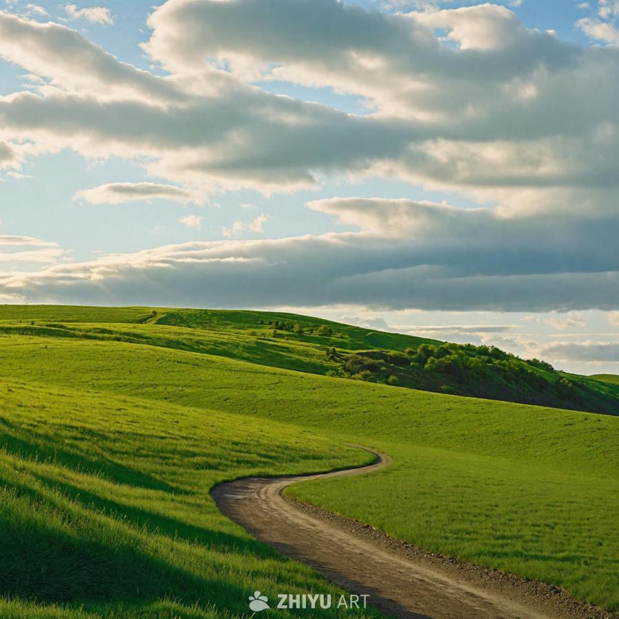 一片翠绿的山坡，一条土路蜿蜒穿过。道路周围是一片广