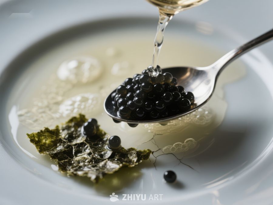 精致鱼子酱与液体搭配的美食特写 535