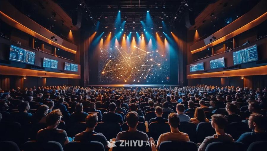 一个大型观众席内坐满了人，他们面向一个舞台。舞台上