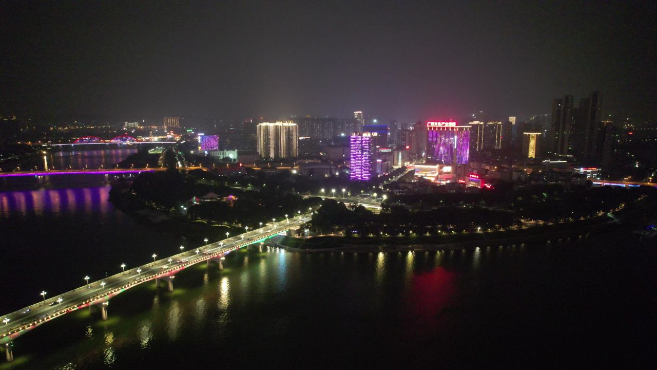 广西南宁大桥夜景灯光航拍