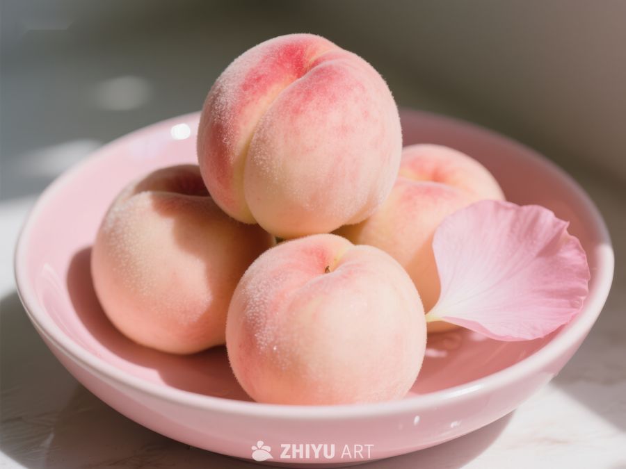 粉盘中的新鲜桃子与花瓣 96