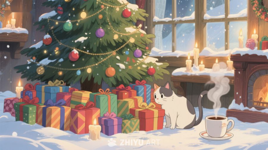 温馨圣诞夜，猫咪与礼物 314