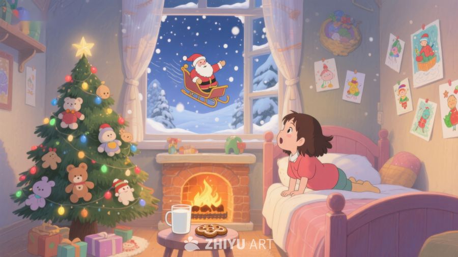 小女孩窗前看圣诞老人乘雪橇 352