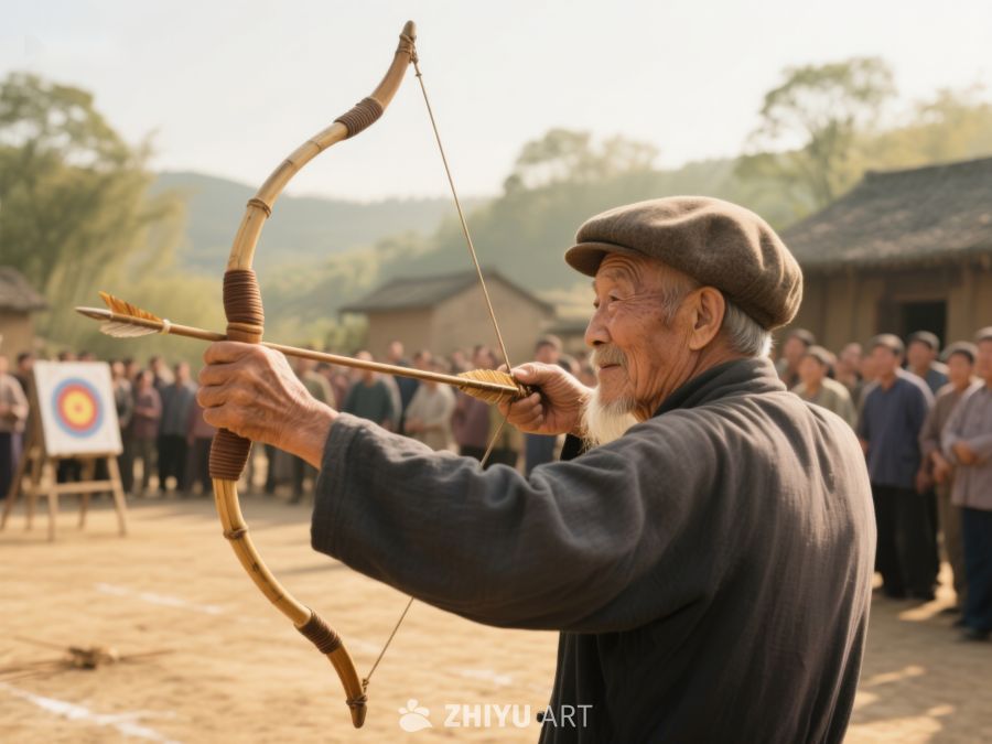 老人专注射箭，众人围观 582