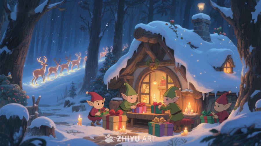 雪夜小屋前的精灵与礼物 403