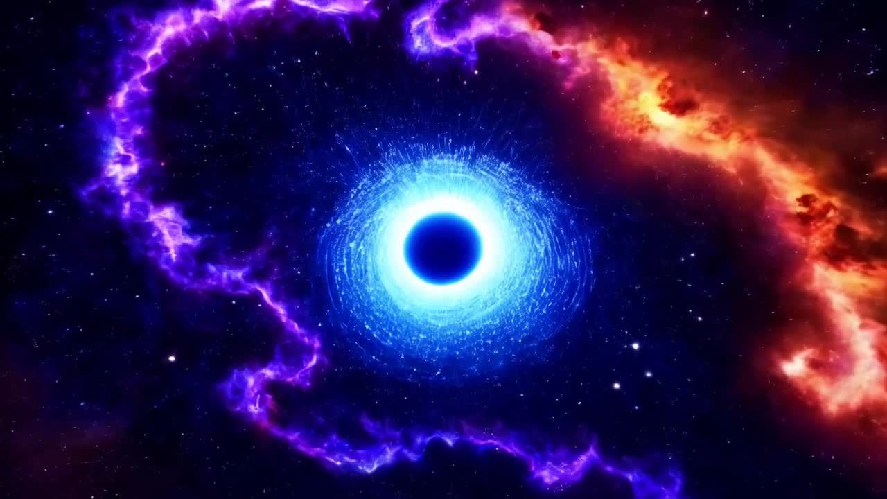 广阔的宇宙空间中弥漫着旋转的星云和遥远的星系。中心