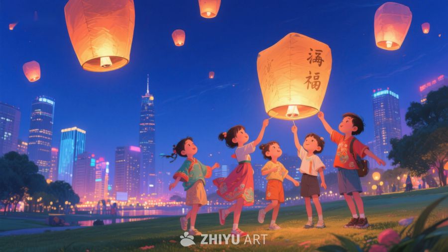 夜空下孩童放飞孔明灯 1210