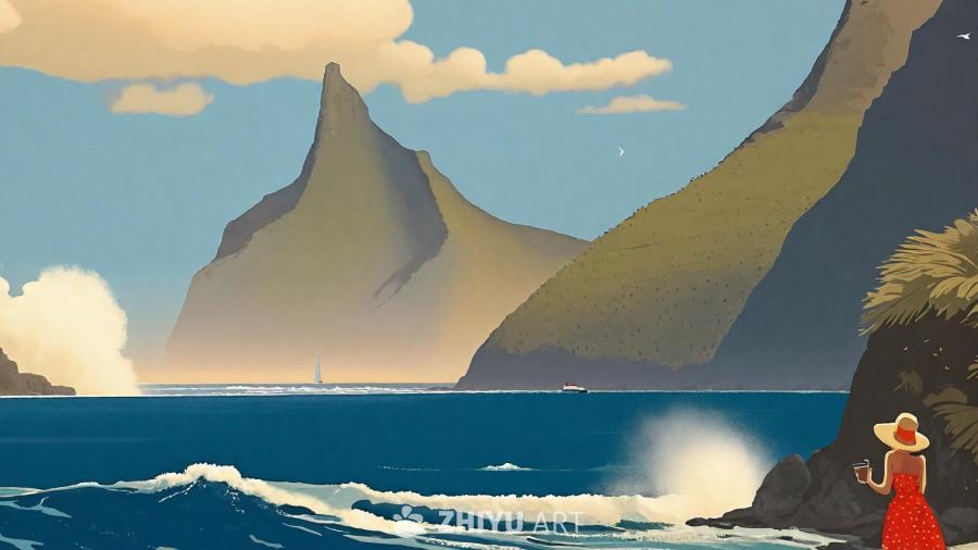 一张海报风格的复古插画，画面中一位穿着红色波点连衣