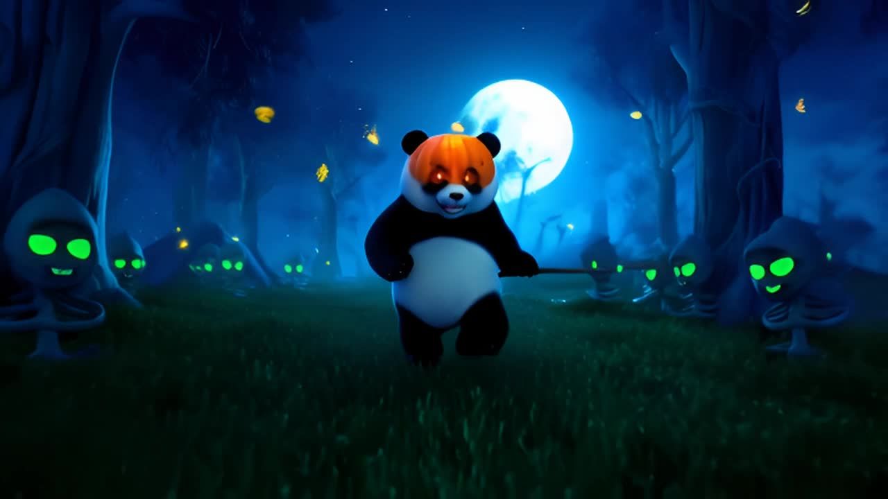 在月光下的森林中，散落着眼睛发出绿色光芒的骷髅。一