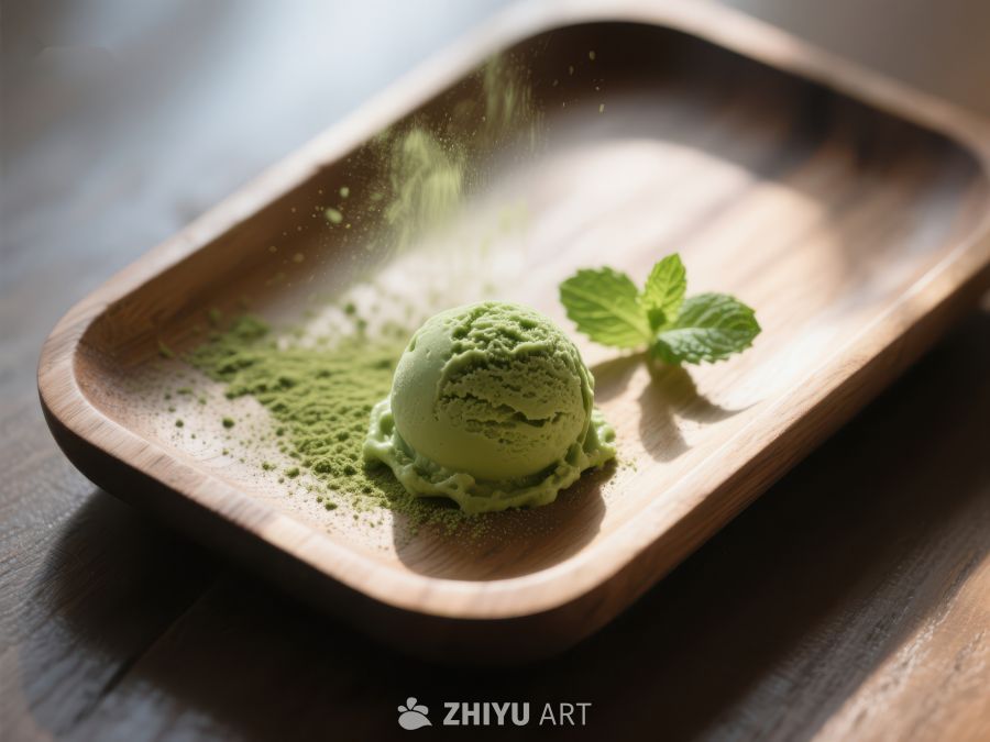 抹茶冰淇淋与薄荷叶的清新组合