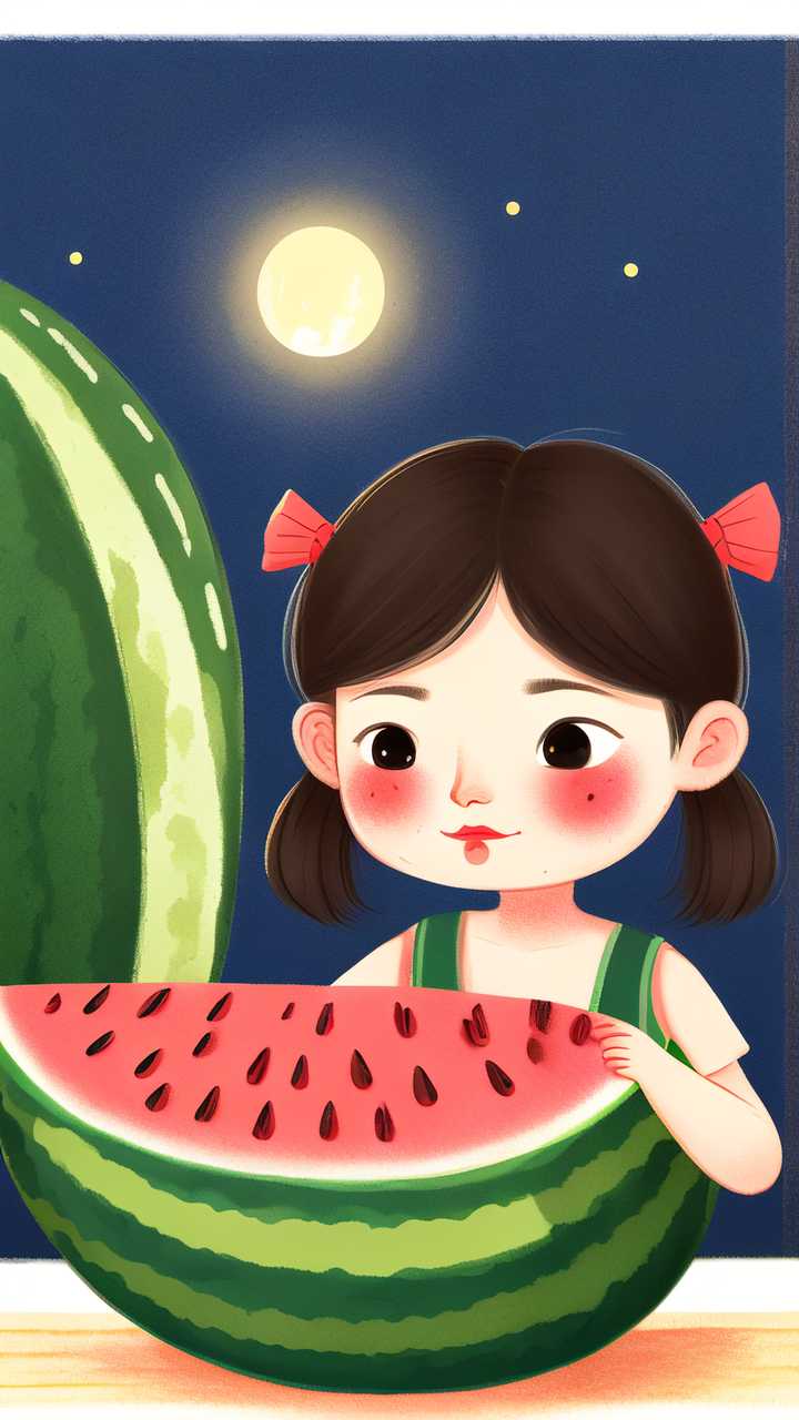 夜晚女孩吃西瓜插画