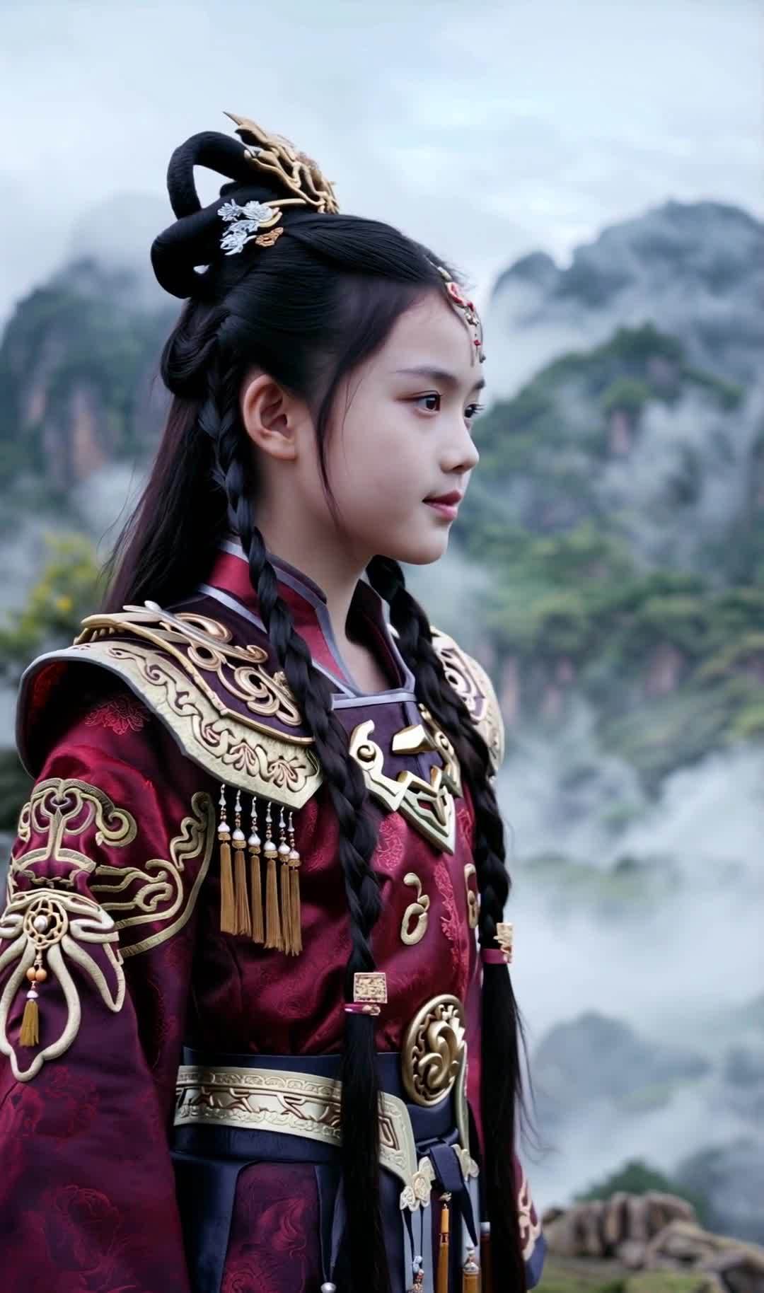 古装红衣少女侧颜，发辫簪花，山河背景