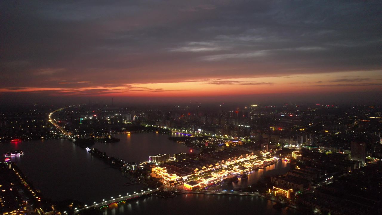 中华水上古城夕阳晚霞火烧云夜景降临山东聊城  