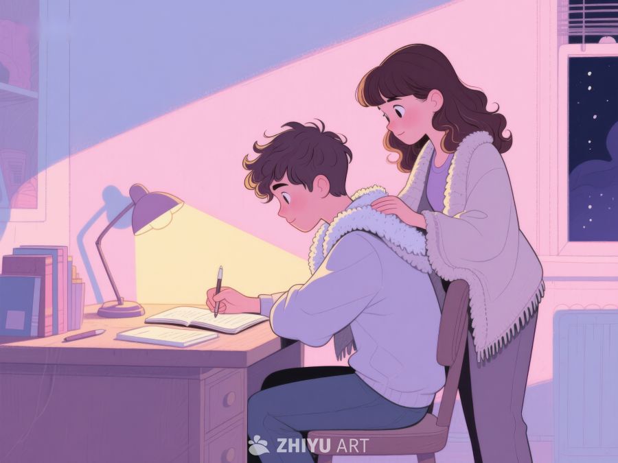 母亲陪伴儿子夜晚学习 486