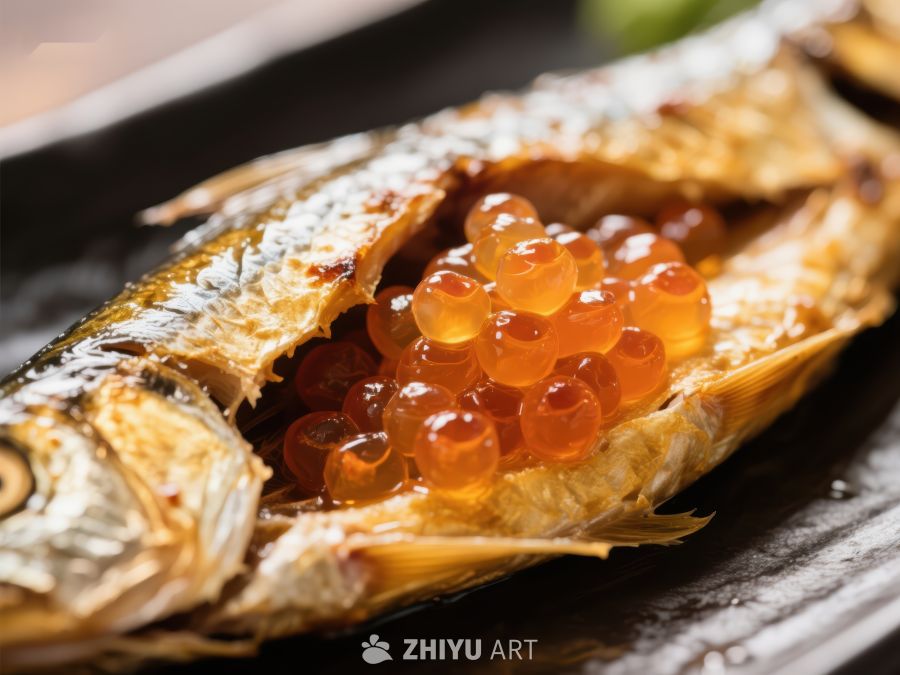 烤鱼配鱼籽的美食特写
