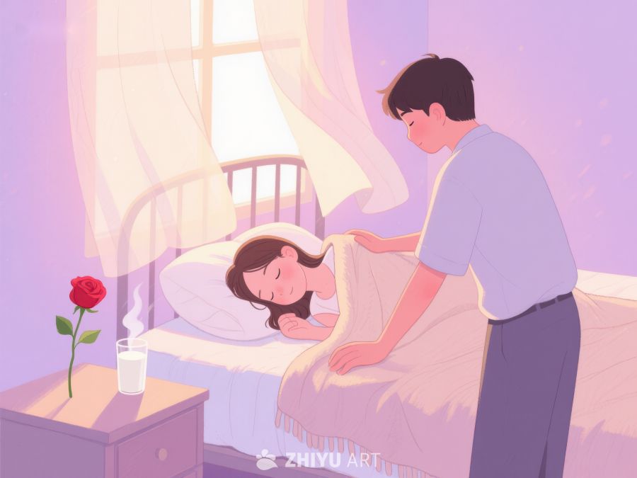 温馨床边，男子轻抚熟睡女子 724