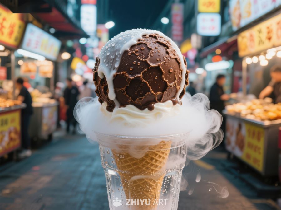 巧克力冰淇淋球与干冰烟雾