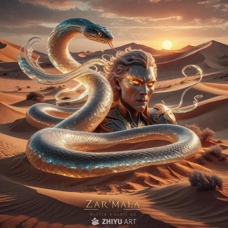 在沙漠背景下，出现一个半人半蛇的生物。该生物的上半