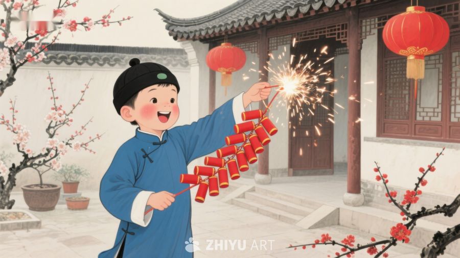 孩童手持鞭炮，庭院庆祝节日 279