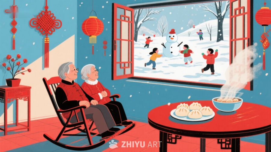 室内温馨守岁，窗外雪地嬉戏 833
