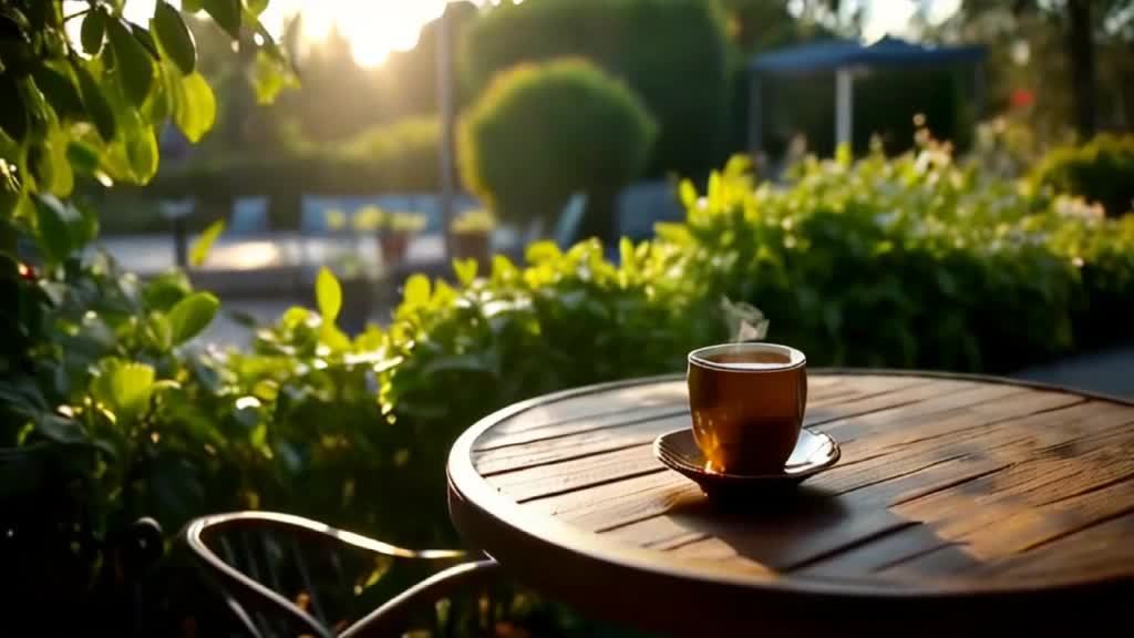 清晨，花园景色，一张桌子上放着一杯冒着热气的咖啡。