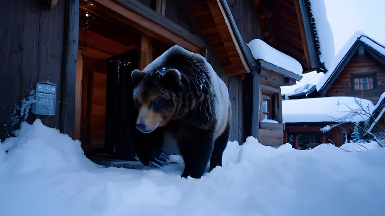 一只棕熊正走进一栋木制小屋的门口，小屋位于一个积雪
