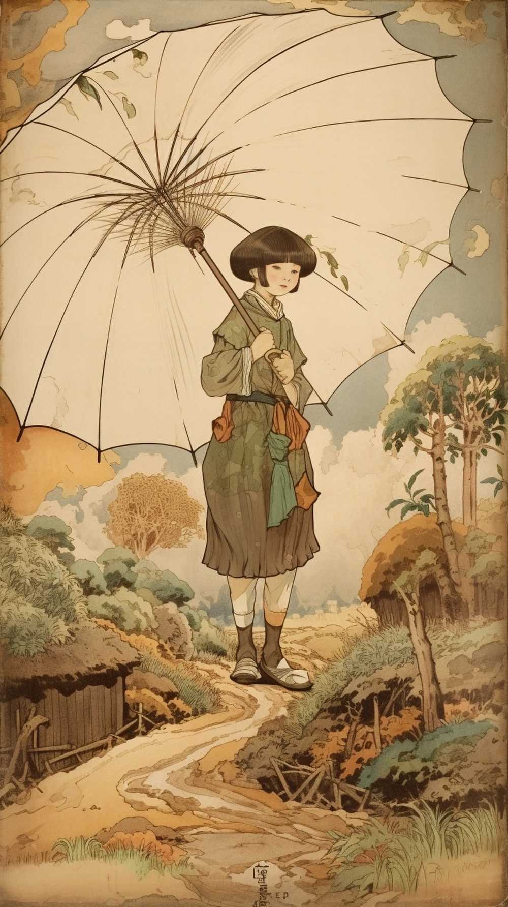 拿着伞的动画片女孩