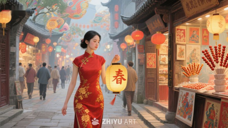 女子身着红裙手提灯笼漫步古街 697