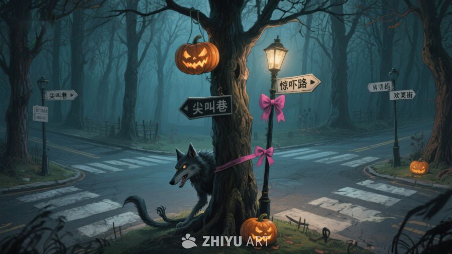 幽暗森林中的万圣节路口