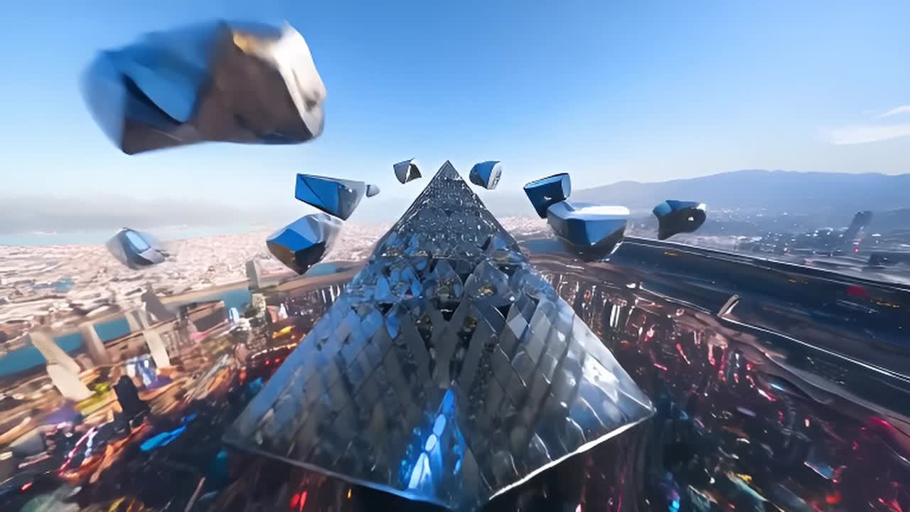 未来景观中的外星建筑工地。巨大的几何形状悬浮并组装