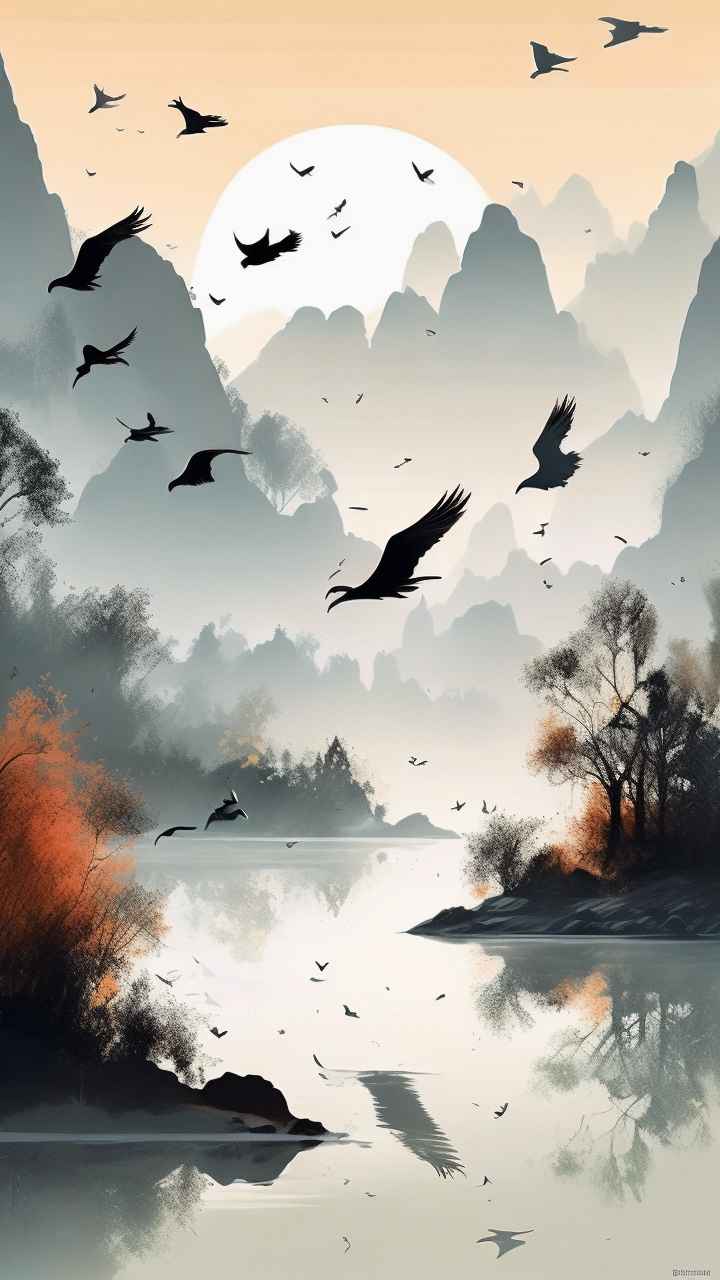 国风山水鹤插画背景 79