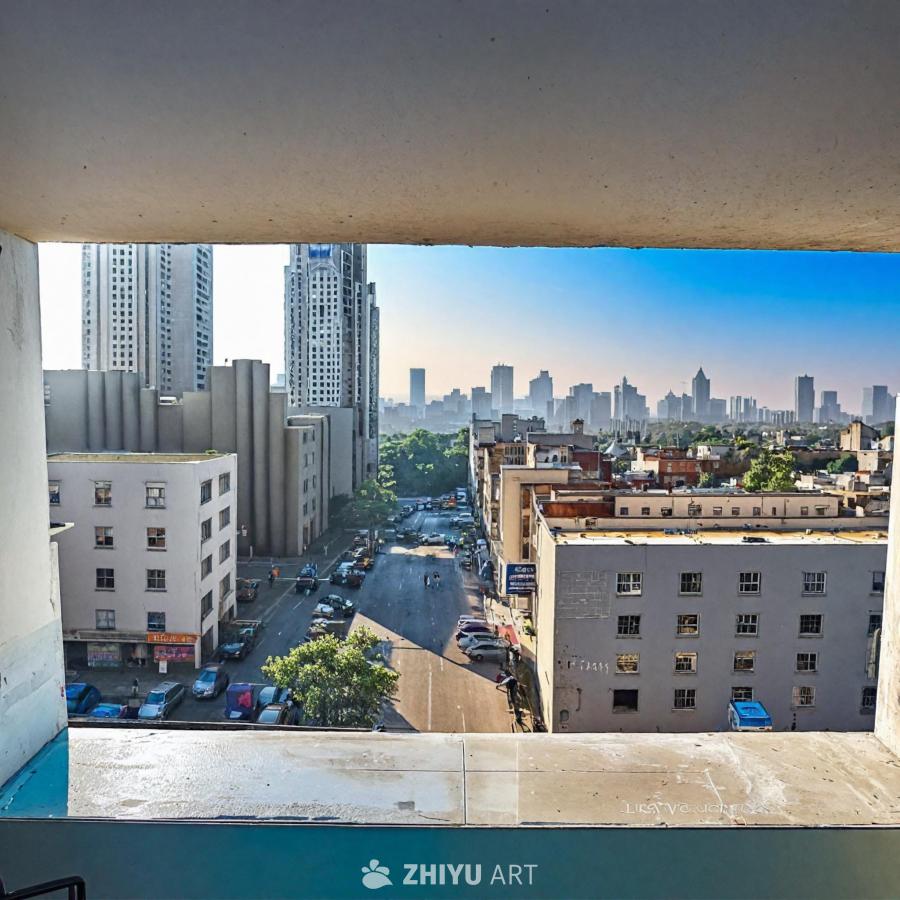 一扇大窗户的全景展示了一个充满活力和喧嚣的城市景观