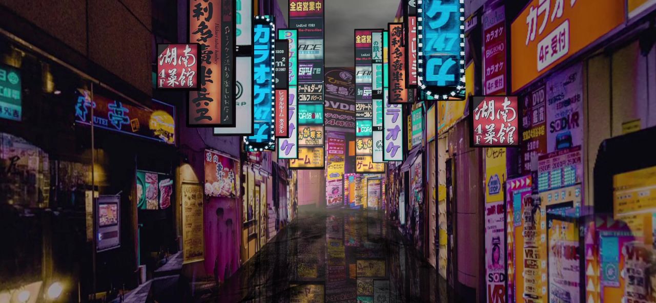 日本街夜海报土壤湿城市东京广告霓虹灯体系结构建筑